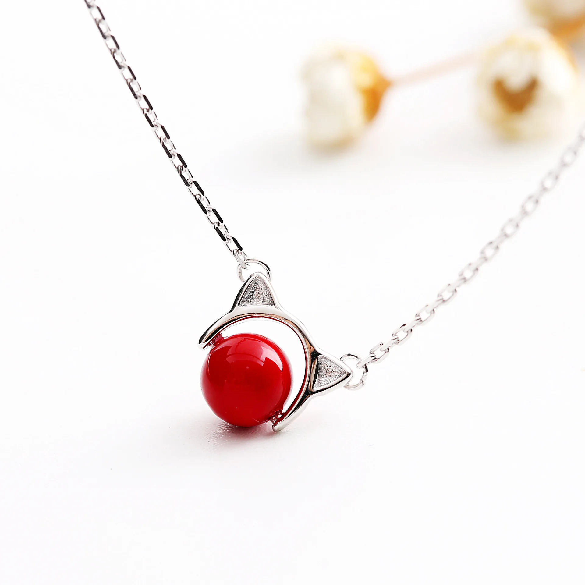 red cute cat women 100% 925 Sterling silver nacklace Jewellery Clavicle chain pendant charms