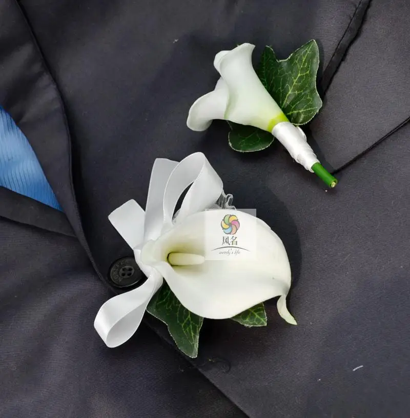 Ручной работы корсажи белый ПУ Калла Лилия искусственный цветок свадебные принадлежности жених бутоньерка Невеста Подружка невесты на запястье цветок