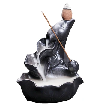 

Chinese Pottery Crafts Creative Home Decor Lotus Pond Smoke Back Flow Cone Incense Sticks Burner Censer G $