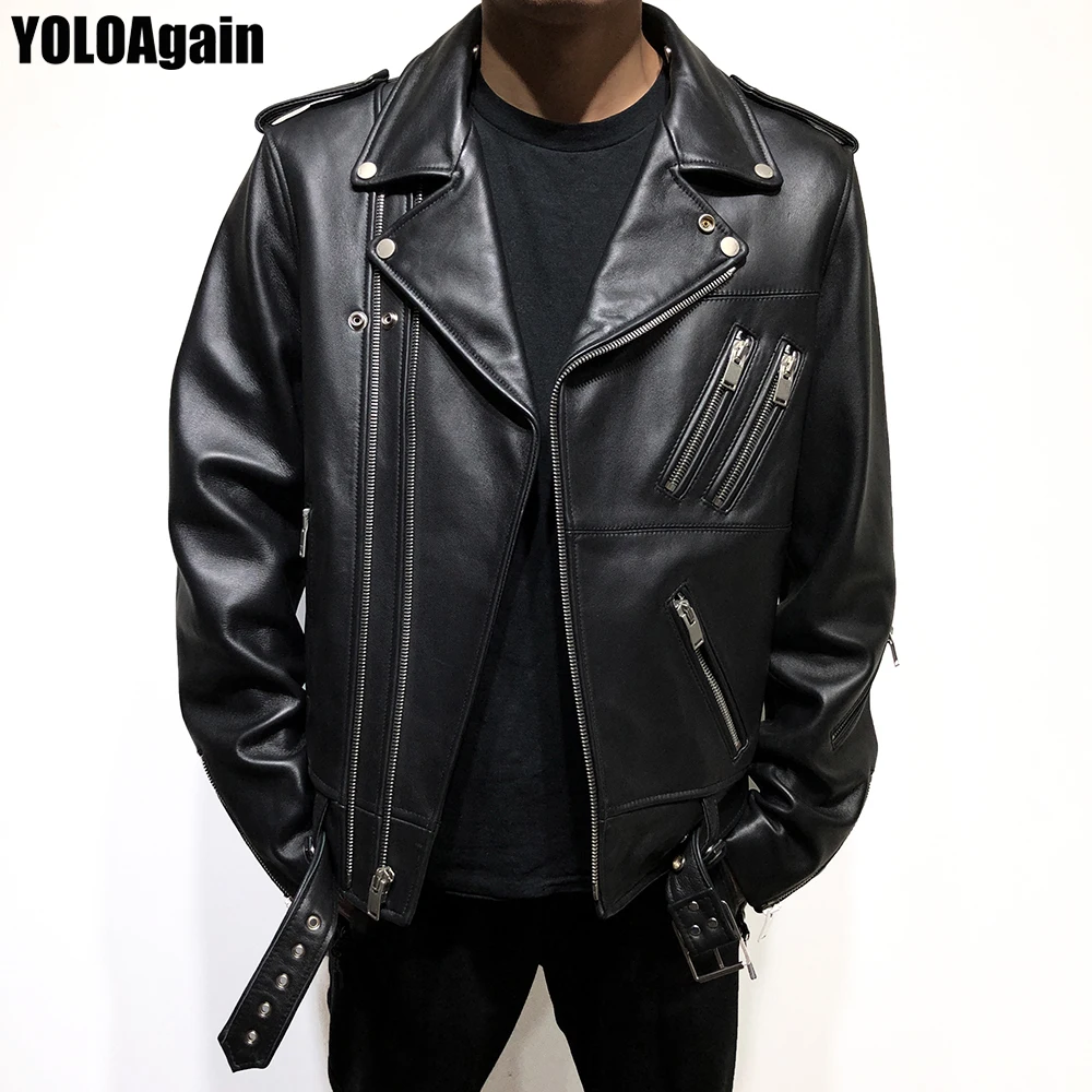 

YOLOAgain Men's genuine leather jacket Male long sleeve zipper black real sheep leather jacket