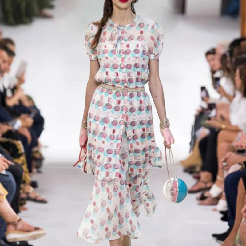 

XF High Quality Milan Designer Vintage Fashion Elegant Lace Stitching Print Woman Set Shirt Dress + Long Half Skirt 2 Piece Set