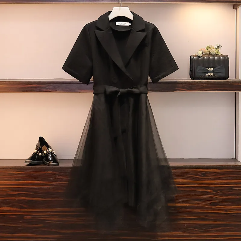

XL- 5XL Plus size Elegant Women Summer Turn-down Collar Patchwork Mesh Irregula Dress Girls Female A Line Dresses Oversize N039