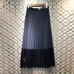 2018 Осень Новая мода велюр лоскутное для женщин Элегантный Длинные плиссированные юбки с поясом