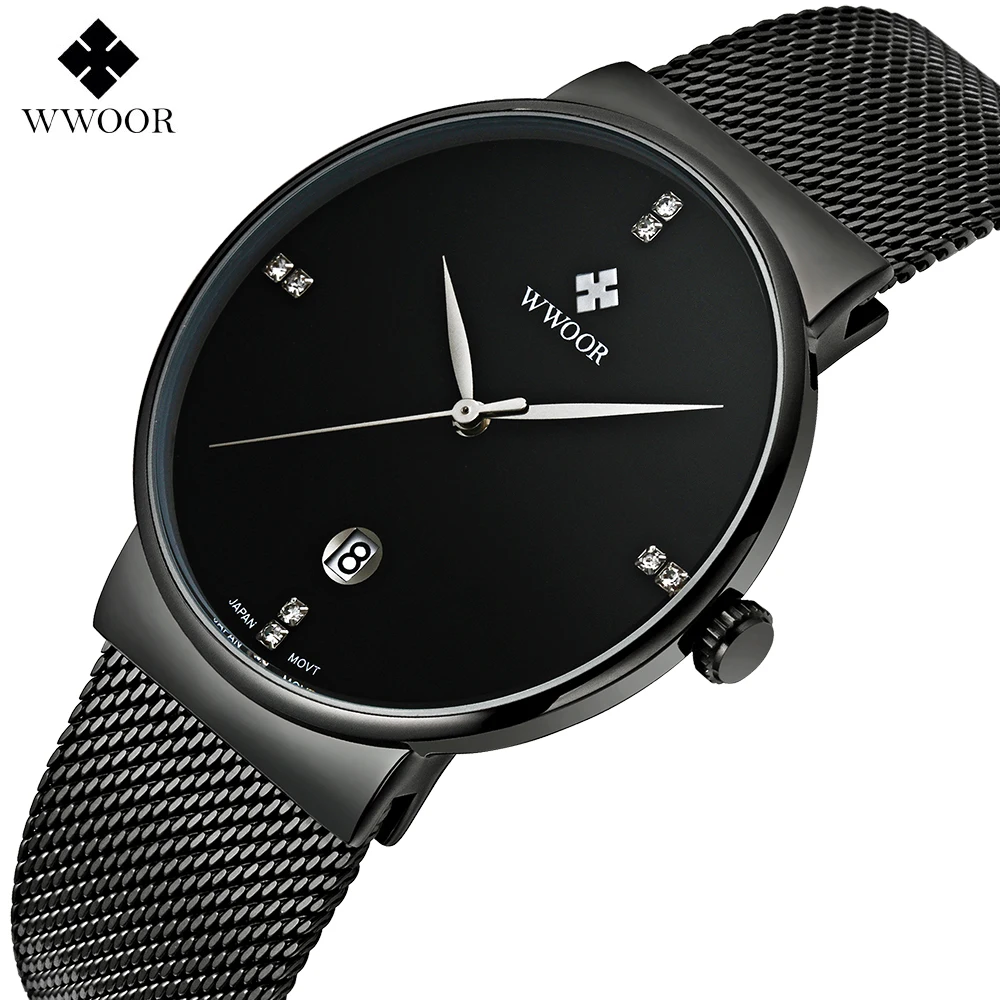 Koop WWWOOR Mode Luxe merk Horloges mannen Rvs Mesh band Quartz horloge Ultra Dunne Wijzerplaat Klok mannen Horloges waterdicht