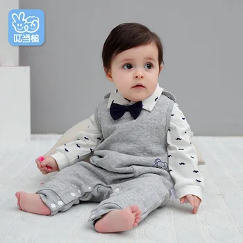 

Dinstry Baby spring and autumn clothing baby warm straps cartoon jeans newborn romper
