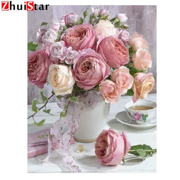 

30x40 Diy square drill diamond painting cross stitch mosaics Full 100% cover embroidery flower"Peony&Tea" diamond embroidery WHH