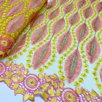 

latest african laces nigerian lace fabrics for wedding 2018 lace embroidered stones and beads yellow peach gold lace fabric