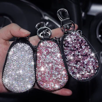 

Crystal Rhinestone Key Case for Car Key Cover Genuine Leather Key Wallets Bag Fashion Women Diamond Key Holder Universal Size