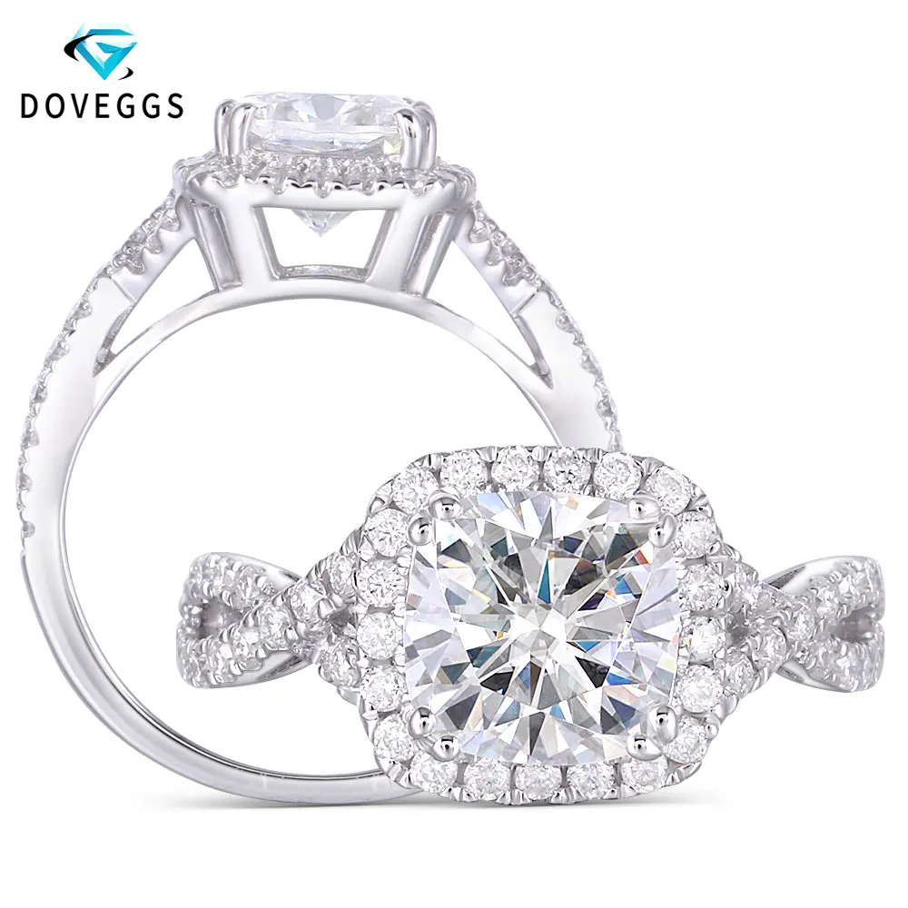 

DovEggs Classic Platinum Plated Silver Center 2ct 7.5*7.5mm GH Color Cushion Cut Moissanite Halo Engagement Ring with Accent