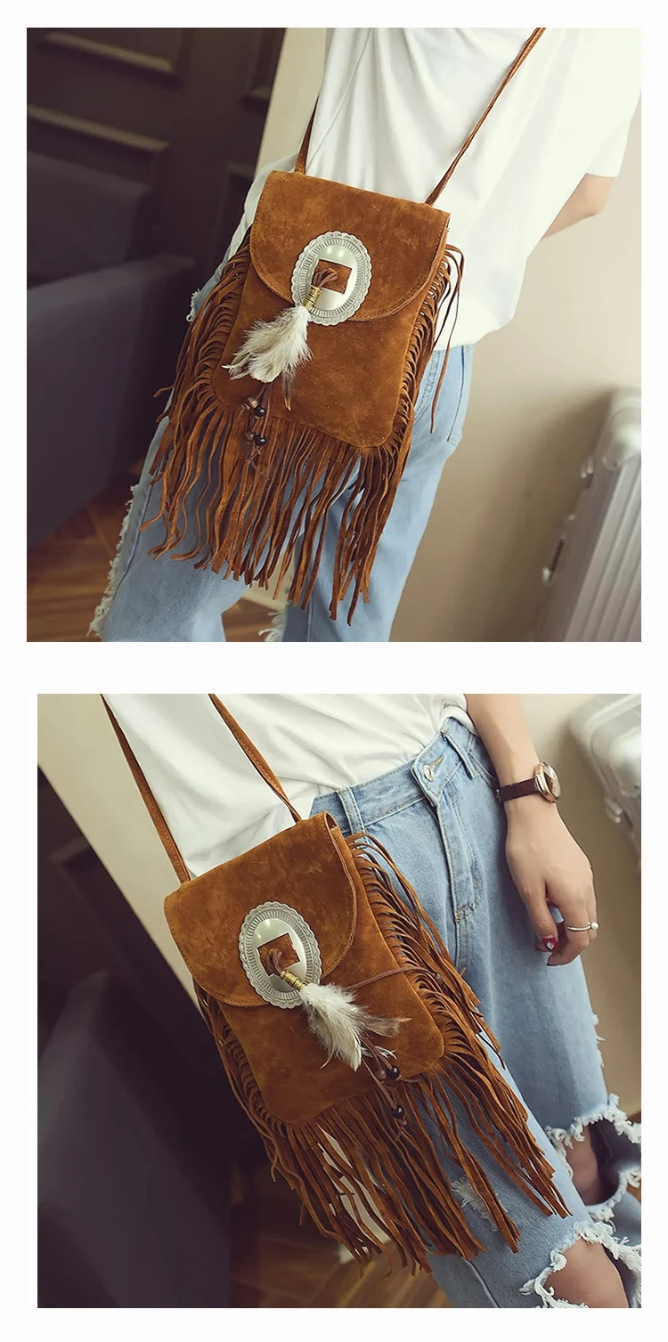 Female Small suede Bag Brown Beaded Feathers Hippie American Indian Tribal Bohemian Boho Chic Ibiza Style Pouch Bag (20)