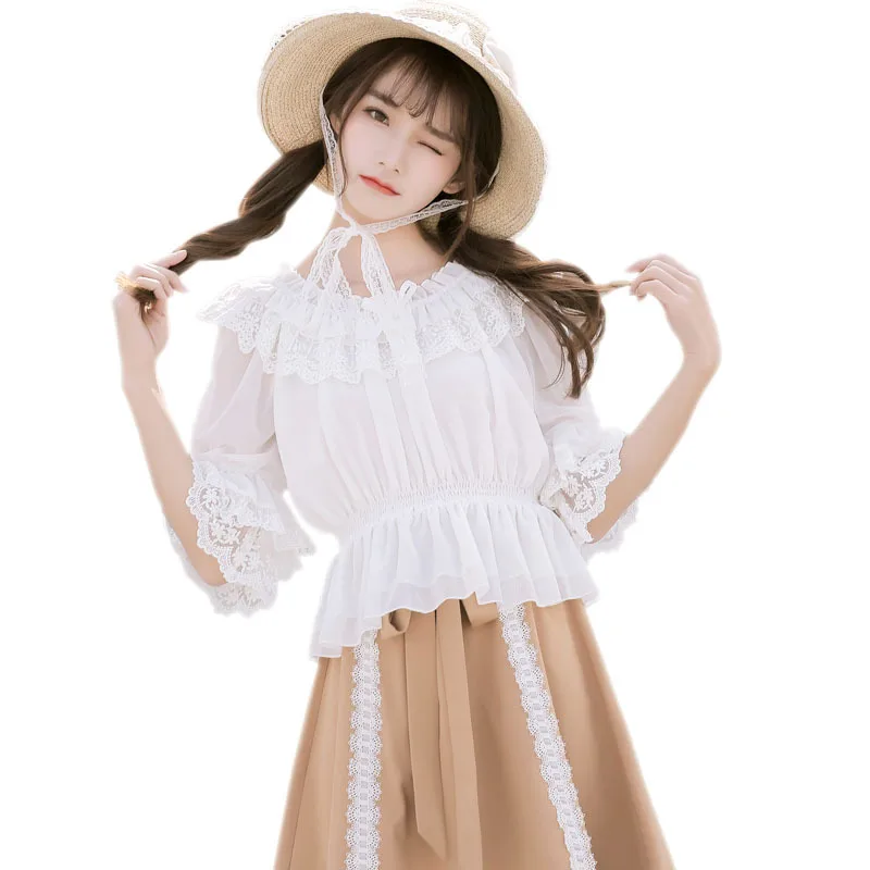 

Sweet Half Sleeve Blouse Top Women's Chiffon Summer Blouses Black/White/Beige