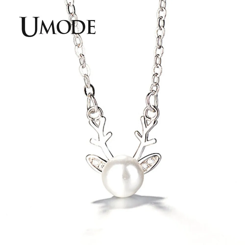 

UMODE New Cute Deer Antler Pendant Necklace for Women White Pearl Animal White Gold Necklace Long Link Chain Jewelry AUN0321