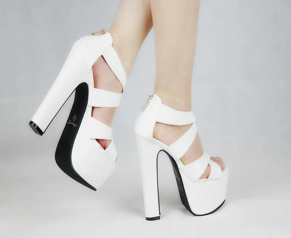 Beste 2017 Sexy Peep Toe Wit Gladiator Zomer Vrouwen Schoenen Dikke Hoge Hak Vrouw Pompen Rits Bruiloft party Schoenen Maat 34 43