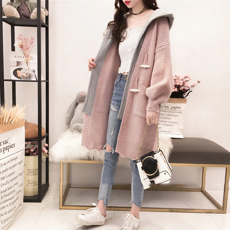 Hooded Casual Sweater Coat Women New Autumn Cardigan Knit Coat Female Long Horn buckle Loose Coat Sweater Outerwear AN056