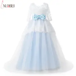 Светло голубой для девочек в цветочек платья с поясом половина рукава 2019 аппликация нарядные платья обувь кружево причастие платье