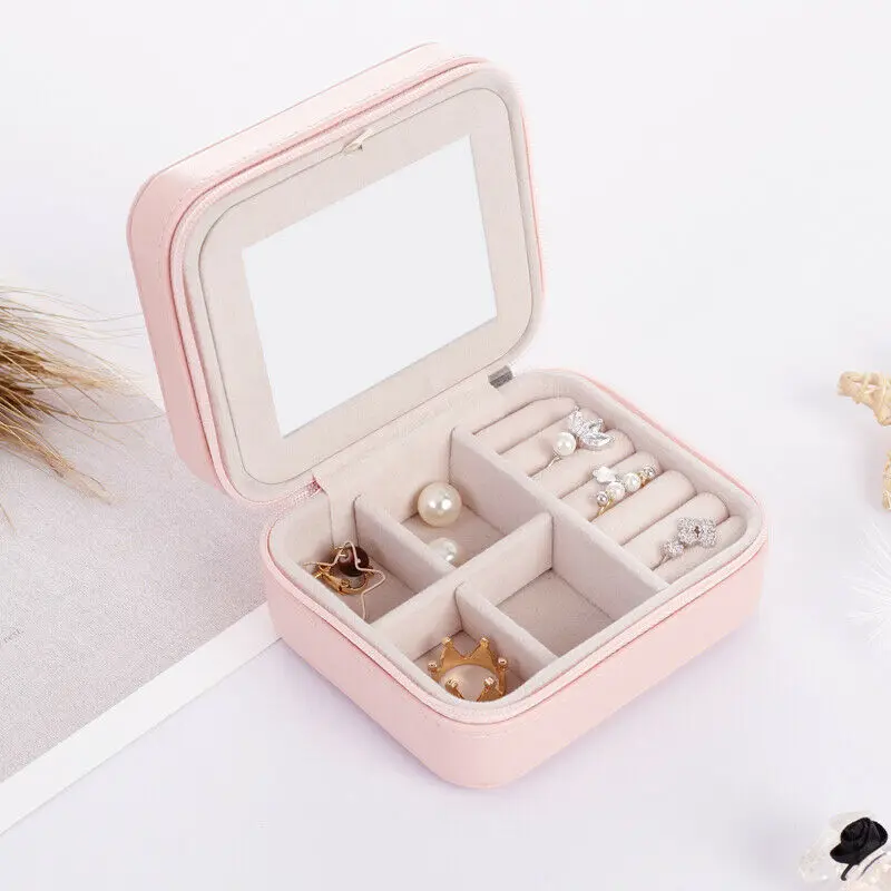 Womens Portable Travel Jewelry Box Organizer PU Jewellery Ornaments Case Storage - Цвет: Розовый