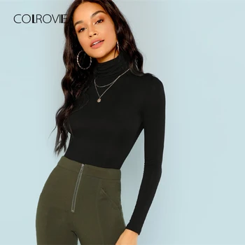 

COLROVIE Black Solid Workwear High Neck Classic T Shirt For Girls Autumn Basic Skinny Women Clothing Tee Sexy Female Tops Tee