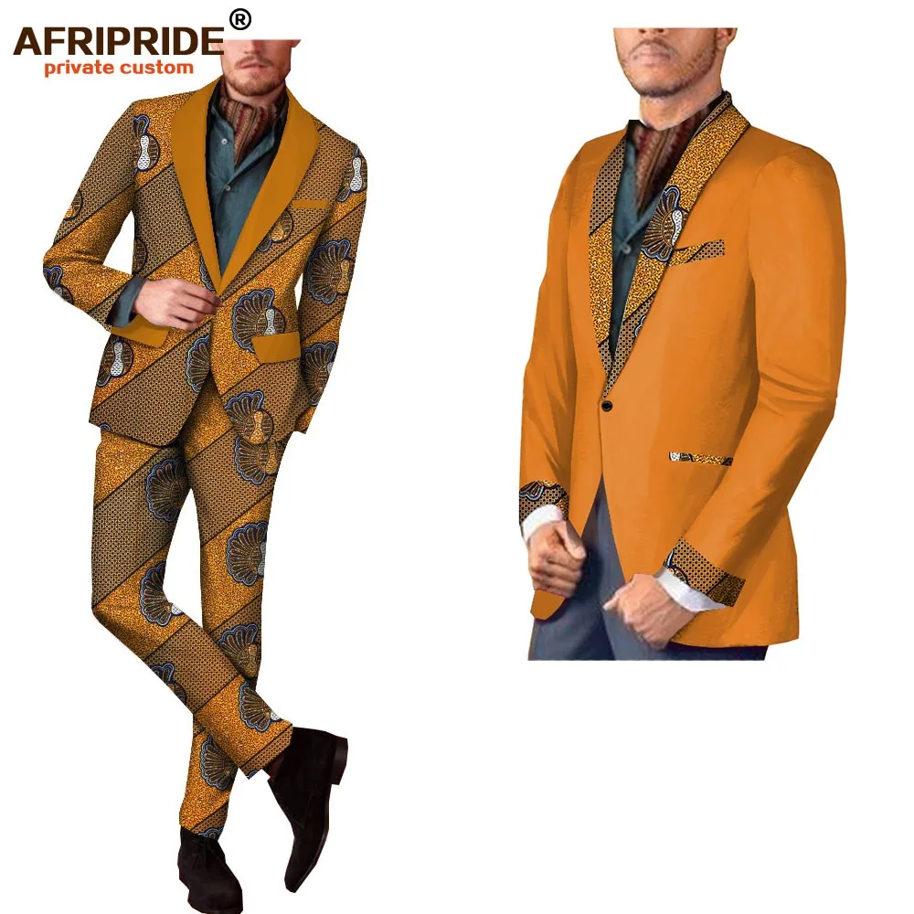 

2018 spring&autumn africa print casual suit for men full sleeve reversible jacket+full length straight pants men's set A1816003
