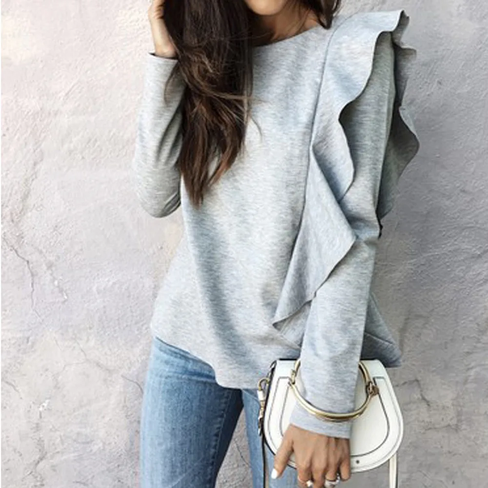 

Womail Women top t-shirt Summer Fashion Casual O-Neck Ruffles Long Sleeves Pure Color Tops Sweater Loose Daily 2019 dropship f6