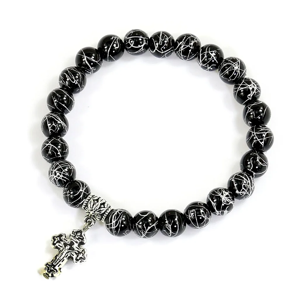 Silver Wire Plating Black Onyx Beads Bracelet Cross Pendent Charm Bracelet for Men Jewelry