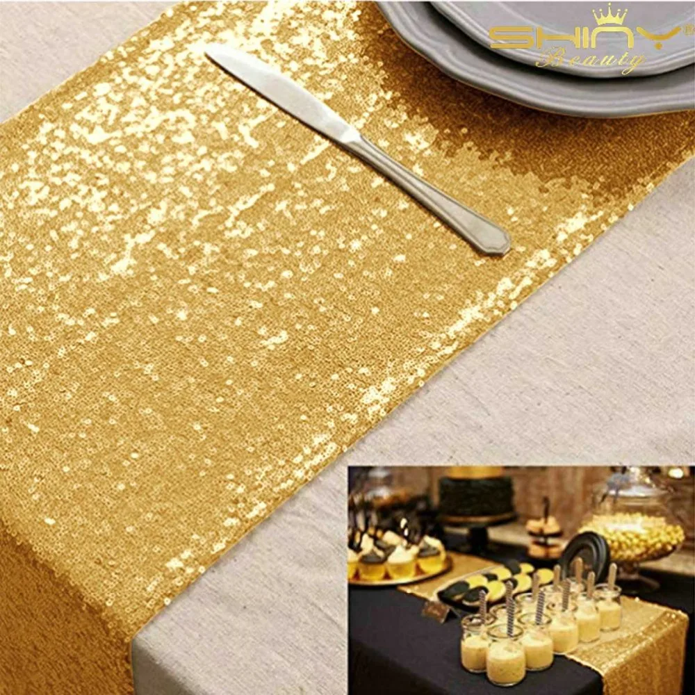 ShinyBeauty 12x108 Inch Rectangle Gold Sequin Table Runner For Wedding