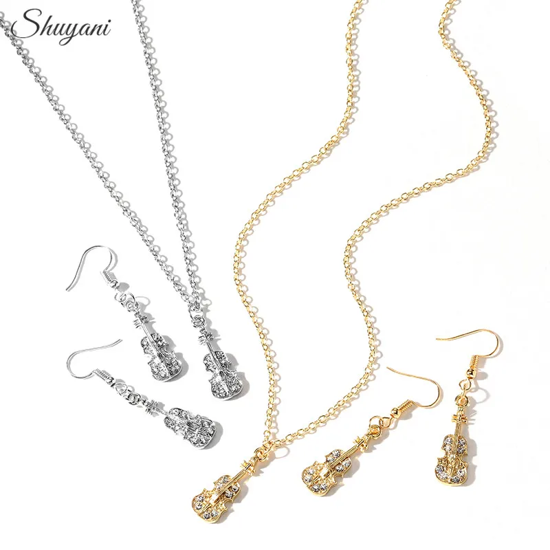 

fashion chic guitar shape brincos hanging drop earrings with necklace pendant Instrument pattern jewelry sets birthday gift