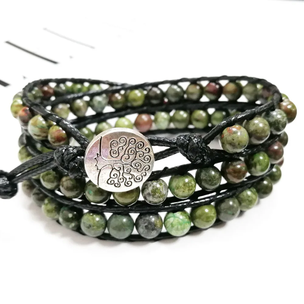 

Yuteng 3 Row Natural Stone Handmade Leather Wrap Bracelet Genuine Leather 6mm Dragon Bloodstone Cuff Bracelet Unisex LL8226