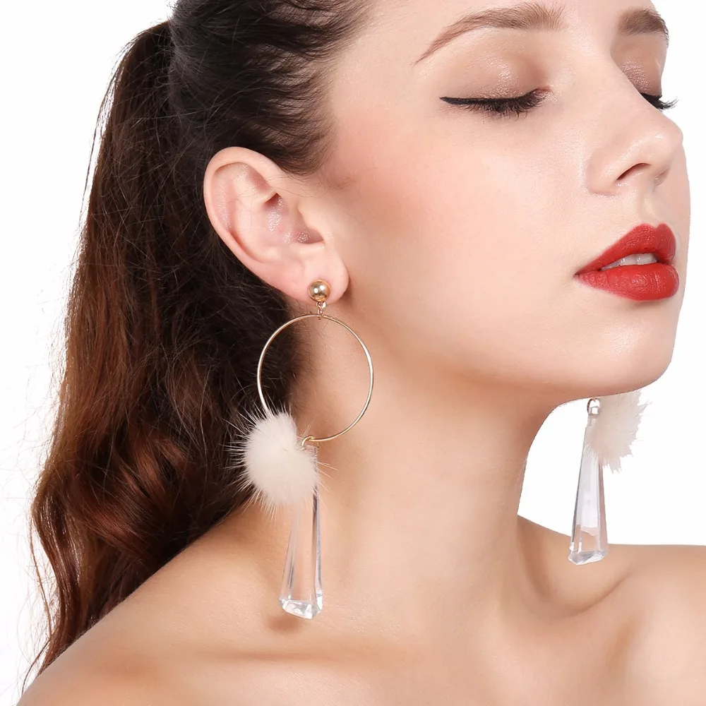 Trendy Fashion Handmade Long tassel Earrings Geometric White Crystal Fur Ball Hoop Earrings