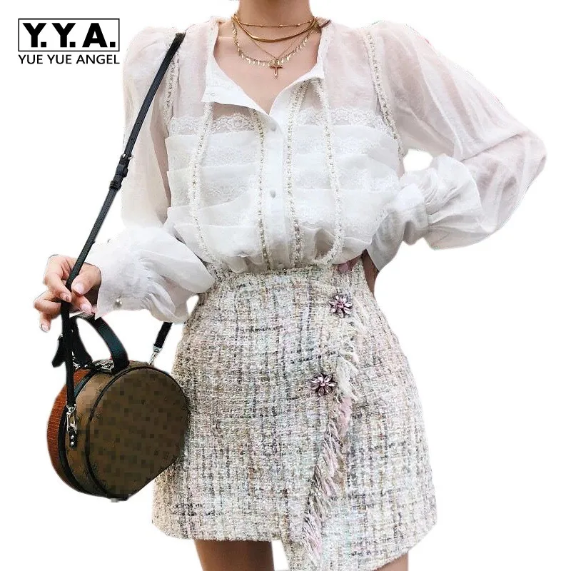 

Fashion Women Spring Blouses Top Tweed Mini Skirt Two Piece Outfits Set Office Ladies Transparent Shirt Crystal Wrap Skirts Suit