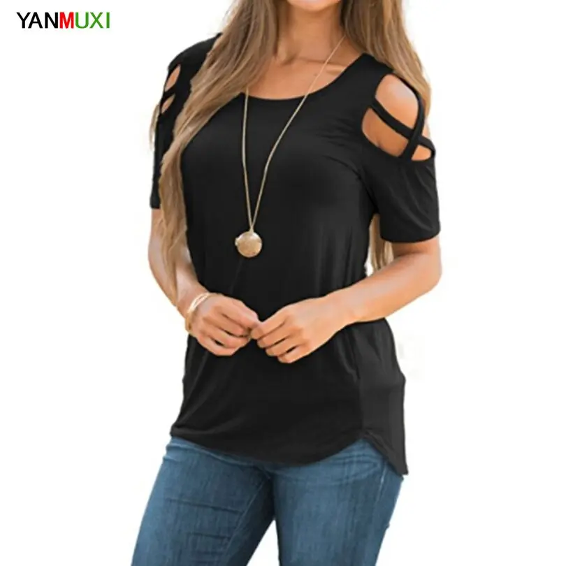 

Europe America 2018 Short Sleeve Black Gray T-shirt Sexy Off Shoulder Women Tops Hollow O Neck Summer T Shirt XXL