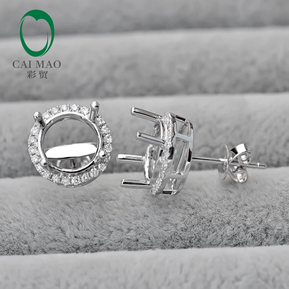 Caimao 8mm Round Cut Solid 14k White Gold Halo Diamond Semi Mount Earrings Setting
