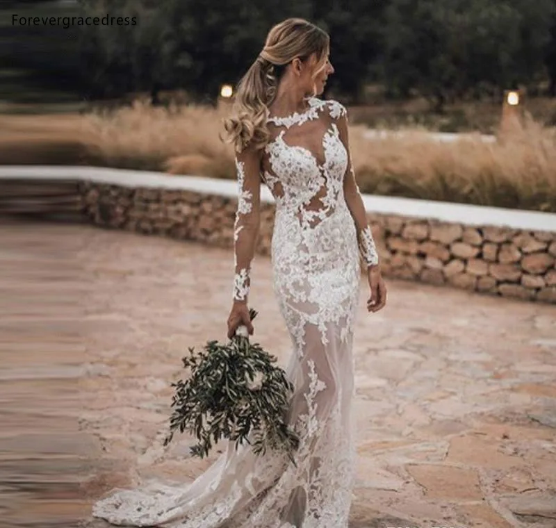 2019 New Beach Long Sleeves Sheer Mermaid Wedding Dresses Crew Neck Open Back Applique Lace Plus Size Bohemian Bridal Gowns BC1076  164 (13)