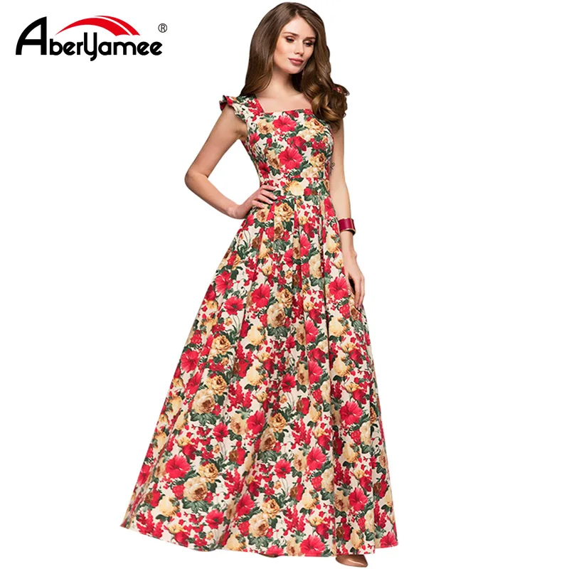 

Plus Size Women Long Dress Elegant Printed Party Dress Sleeveless Square Collar Women Vintage Dress Vestidos Bohod Dresses 5XL
