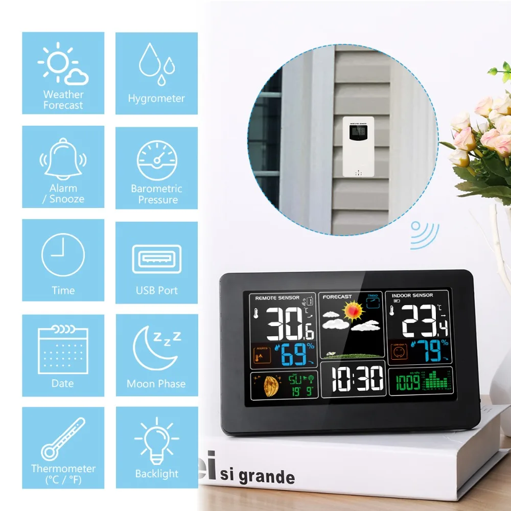 Goede Draadloze Kleur Weerstation Lcd scherm Wekker Met Outdoor Indoor Temperatuur Vochtigheid Digitale Weersverwachting