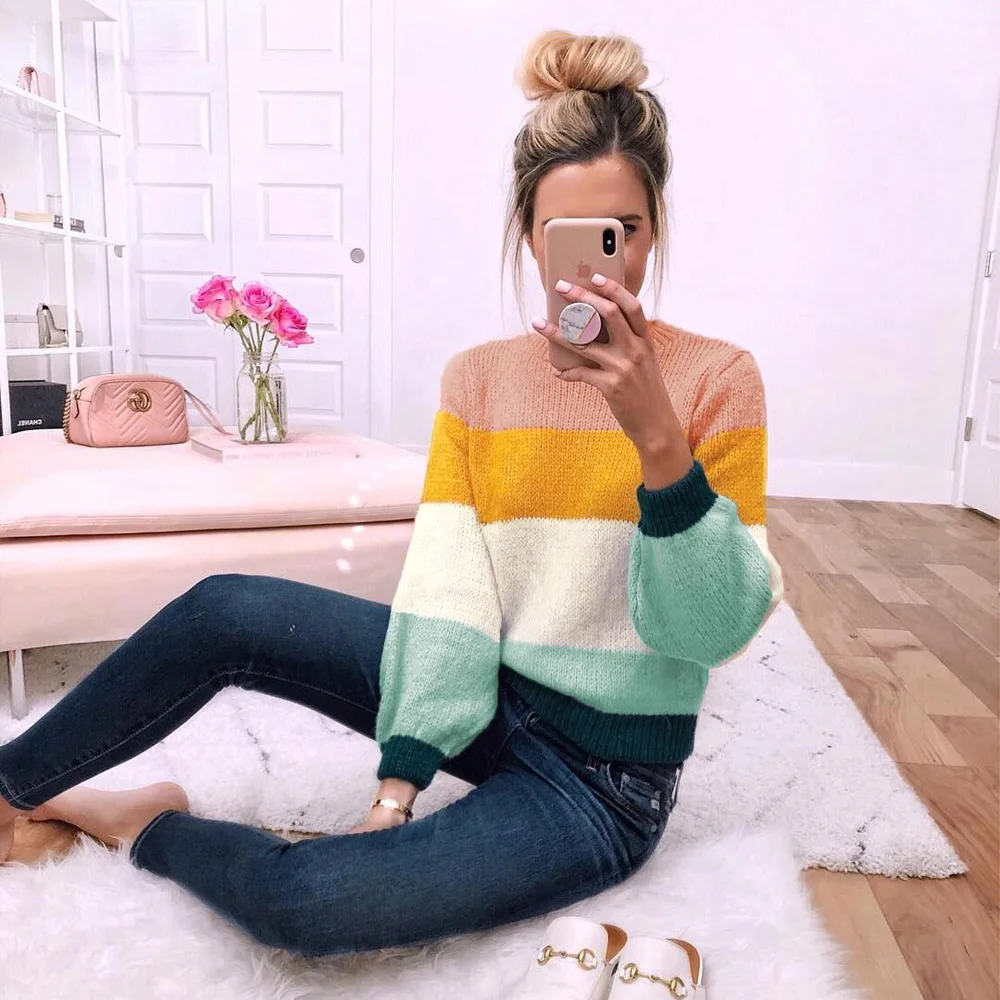 

Sweaters Women 2018 Autumn Winter Fashion Striped Print Knitted Pullover Sweaters Female Causal Acrylic Loose Sweater Girl