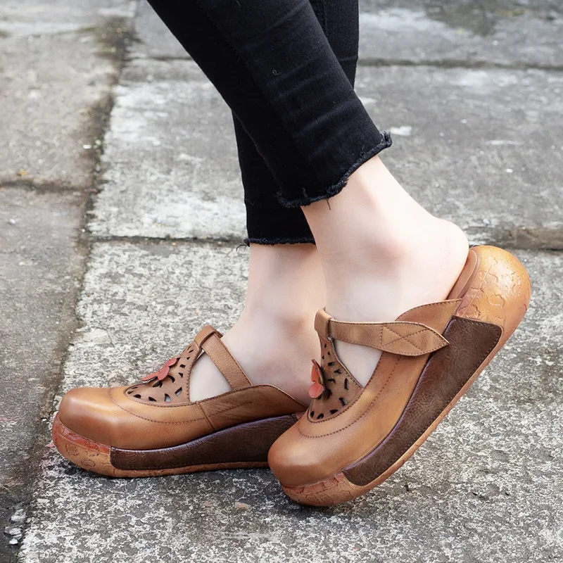 

Artdiya Original Spring and Summer New Thick Sole Women Slippers Genuine Leather Handmade Flower Wedges Heels Retro Casual Shoes