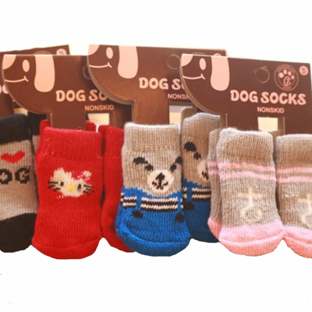 4 шт./лот, носки для домашних собак, мягкая теплая Нескользящая вязаная нескользящая подошва для маленьких и средних собак, домашняя обувь для собак, зимние носки для щенков
