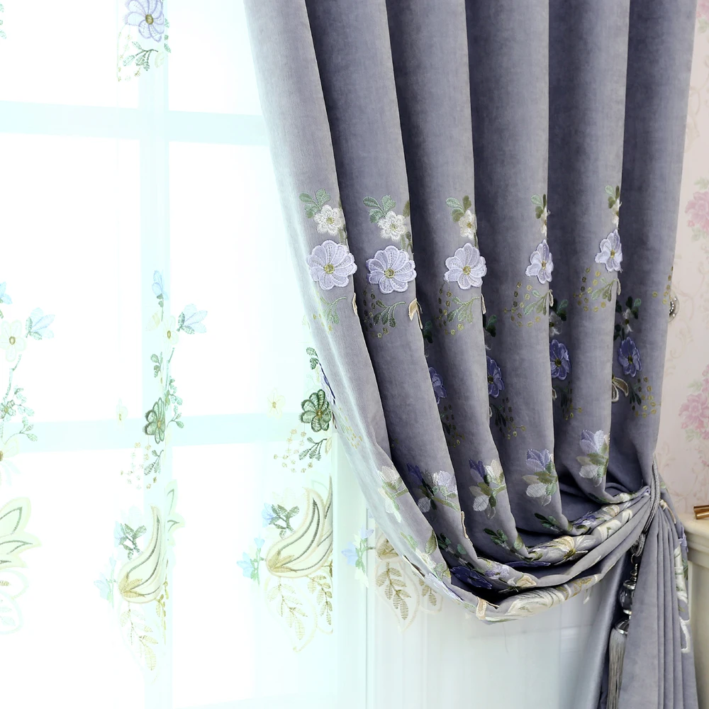 Роскошные европейские плотные шторы с цветочной вышивкой синего, бирюзового и фиолетового цветов для спальни, Белый Тюль, драпировка для гостиной, WP316 и 4
