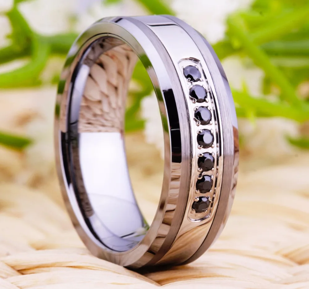YGK Brand Jewelry Hot Sales 8MM Silver Beveled With Matte Surface and 7 Black CZ Stones Tungsten Ring For Wedding