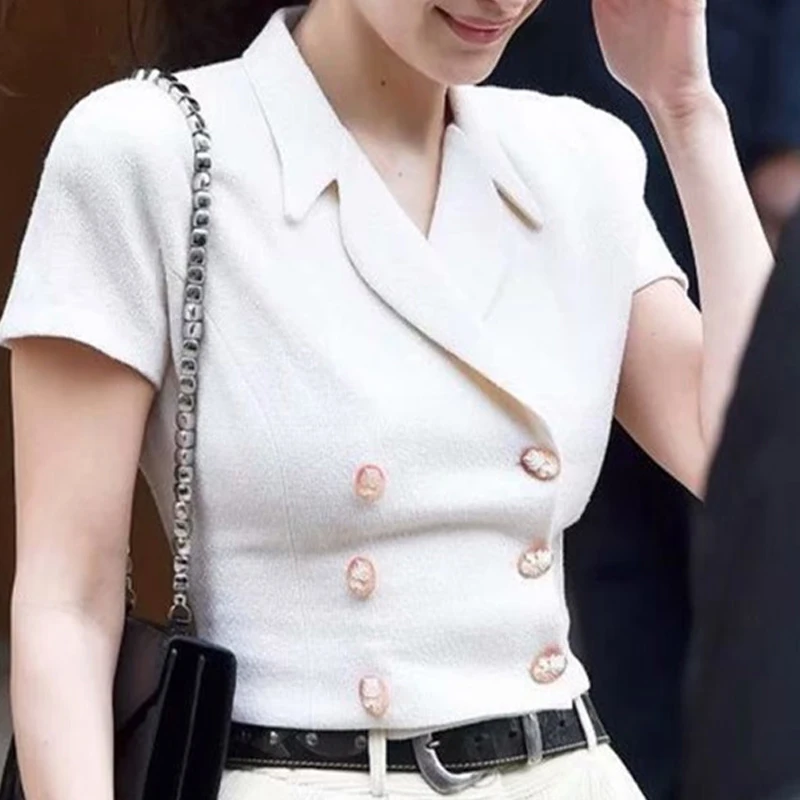 

Summer elegant fashion woman blouses 2019 women's shirt Retro double-breasted short-sleeved blouse shirt womens tops and blouses