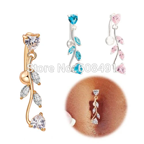 Sexy Belly Button Bar Barbell Ring Rhinestone Leaf Dangle Navel Body