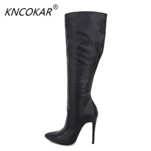 KNCOKAR/ г. Осенне-зимняя Модная высокая модель с каблуком, высокие и узкие женские сапоги с высоким голенищем