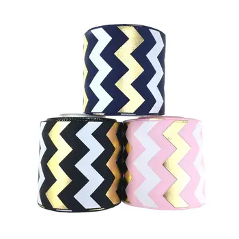 

3 '' 75mm wholesale gold foil and white ink chevron printed grosgrain ribbon with cutom accept ,100yard