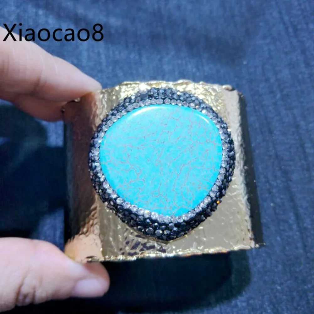 

50mm Unisex Gold Metal Open Bangles Bracelets with Blue Stone Women Wide Bangles