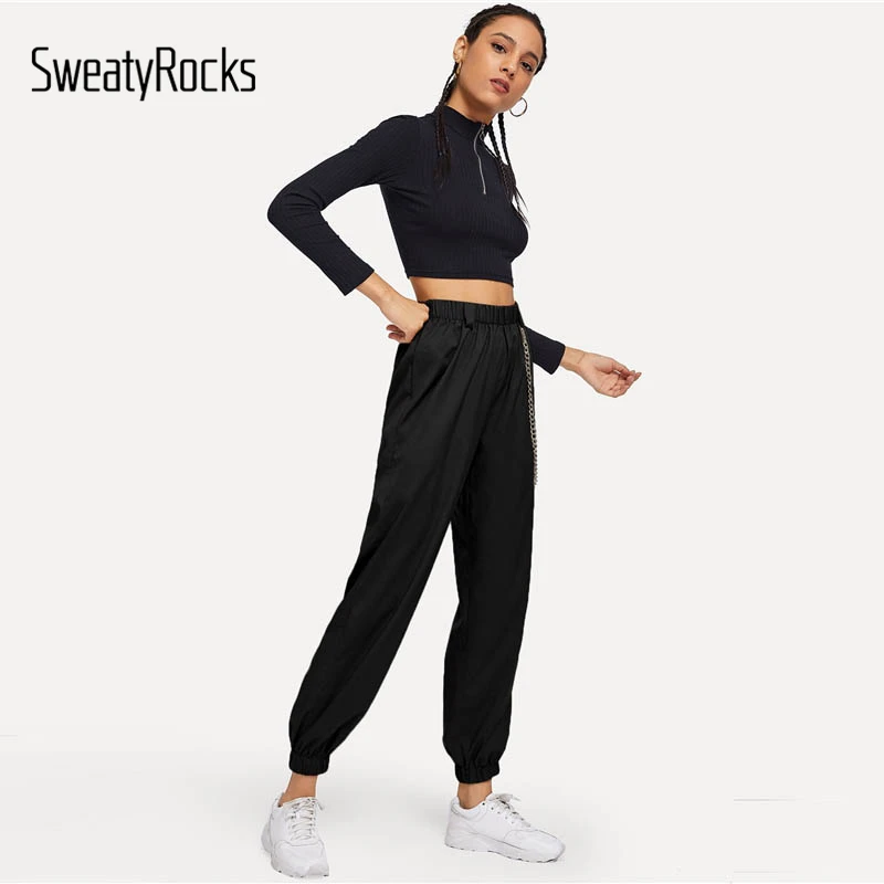 SweatyRocks, черные штаны с цепочкой, эластичная резинка на талии, свободные женские спортивные штаны со средней талией, Осенние повседневные зауженные штаны