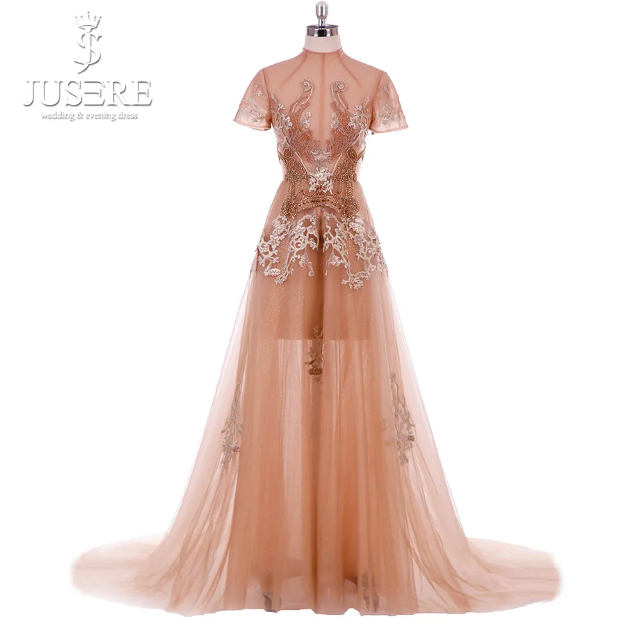 

Jusere High Neck Illusion Embroidery Short Sleeves Unique Design Slight Prom Party Gown Elegant Golden Evening Dress 2018