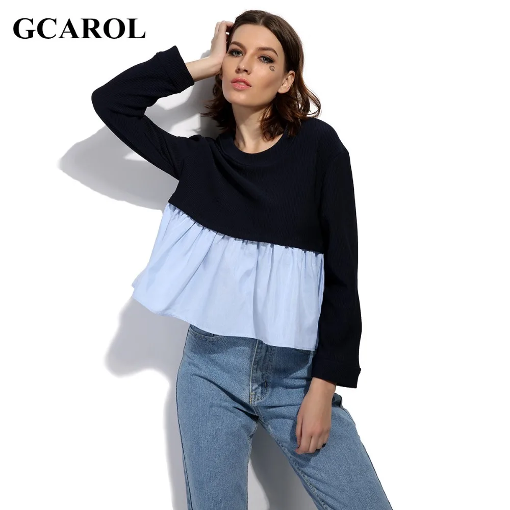 gcarol 2017 style two tone color blouse fashion casual spliced design cropped tops gcarol 2017 style two tone color blouse fashion casual spliced design cropped tops