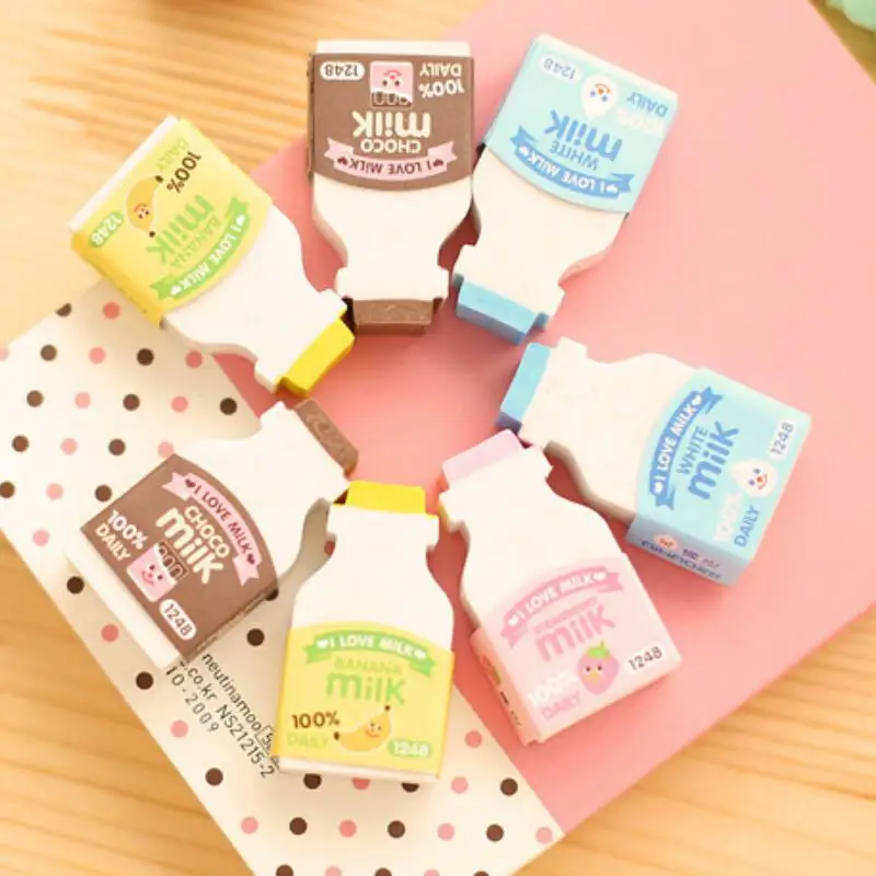 NE_ EG_ HK 2 Pcs Cute Milk Bottle Shape Pencil Eraser Rubber School Stationer 