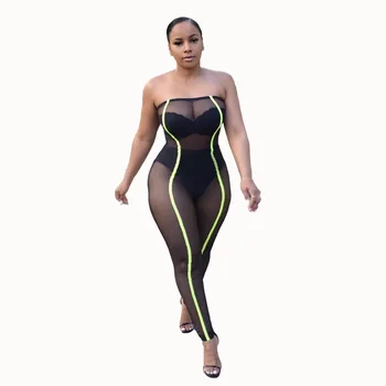 

Neon Green Mesh Patchwork Skinny Jumpsuit Women Off Shoulder Backless See Through Romper Streetwear Strapless Club Party Catsuit