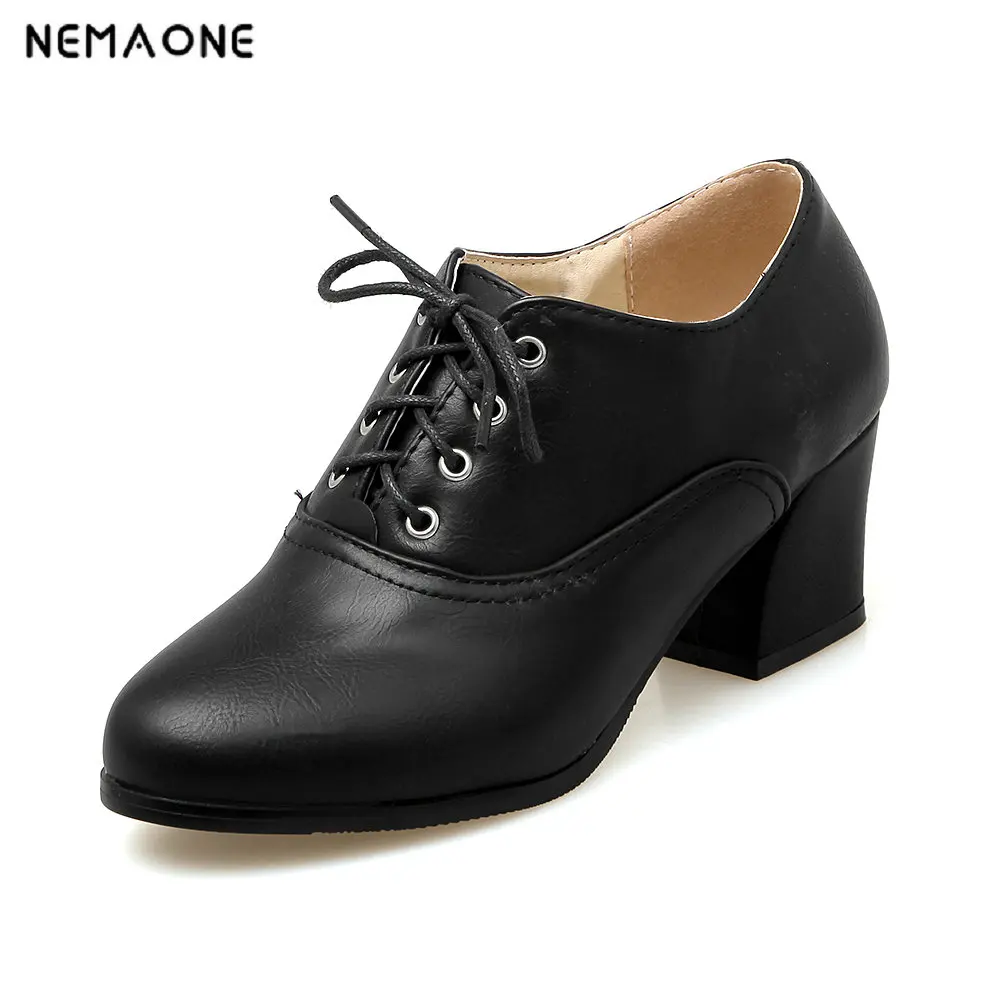 

NEMAONE 2018 Women Pumps Round Toe Spring Autumn Shoes Square High Heel Shoes pu Leather OL Pumps Size 34-43